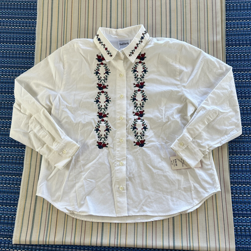 NEW Bonworth Shirt Womens Large Petite White Embroidered Floral Casual #8252